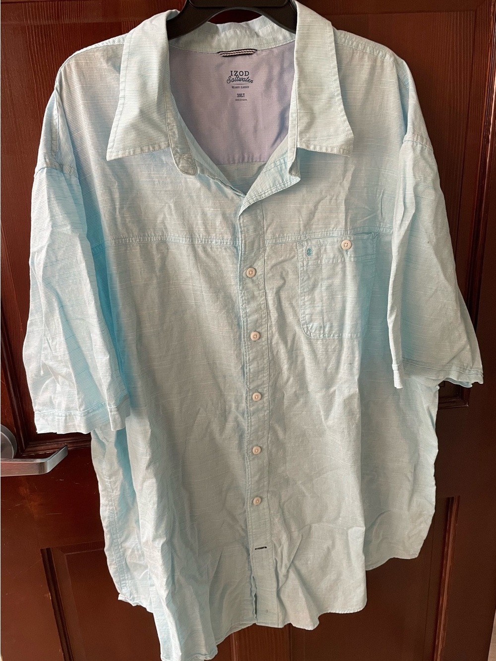 IZOD Saltwater Men's 3XLT Aquarius Blue Short Sleeve Button Up Shirt Lightweight